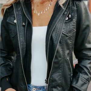 Black hooded vegan leather jacket
